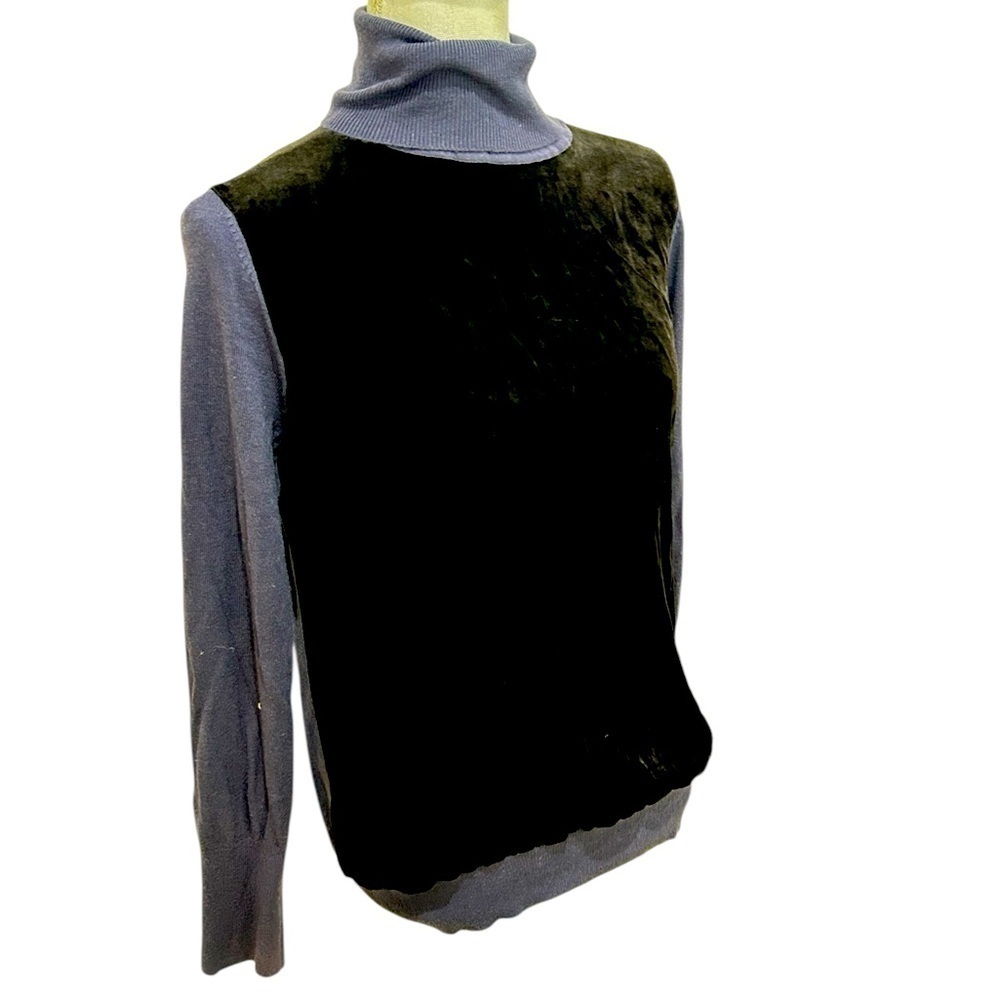 Etcetera two tone steel blue knit black velvet front turtleneck sweater medium